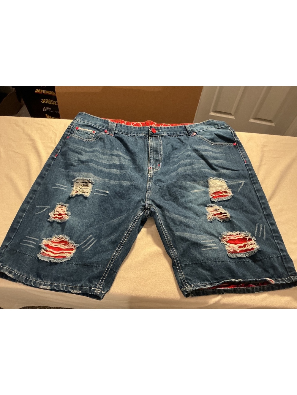 FA Denim Distressed Blue Jean Shorts with Red Accents Size 48